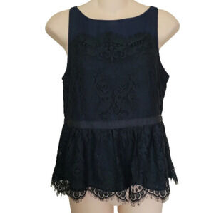 Ann Taylor LOFT Navy Black Lace Scallop Peplum Shell Blouse Size Women's 2P NEW